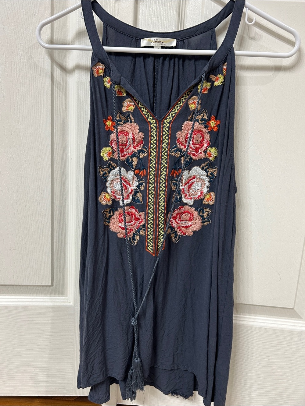 ANDREE BY UNIT Charcoal Tank Top with Multicolor Floral Embroidery